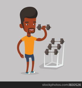 An african-american sporty man lifting a heavy weight dumbbell. Strong sportsman doing exercise with dumbbell. Weightlifter holding dumbbell in the gym. Vector flat design illustration. Square layout. Man lifting dumbbell vector illustration.