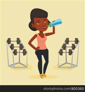 An african-american sporty woman drinking water. Woman standing with bottle of water in the gym. Smiling sportswoman drinking water from the bottle. Vector flat design illustration. Square layout.. Sportive woman drinking water vector illustration.
