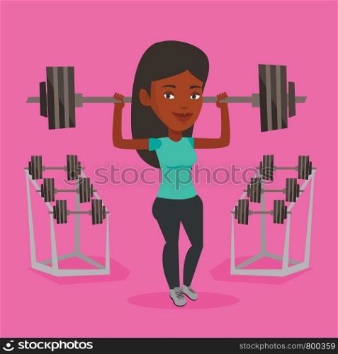 An african-american sporty woman lifting a heavy weight barbell. Sportswoman doing exercise with barbell. Weightlifter holding a barbell in the gym. Vector flat design illustration. Square layout.. Woman lifting barbell vector illustration.
