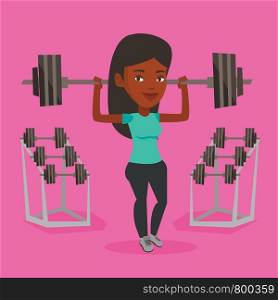 An african-american sporty woman lifting a heavy weight barbell. Sportswoman doing exercise with barbell. Weightlifter holding a barbell in the gym. Vector flat design illustration. Square layout.. Woman lifting barbell vector illustration.