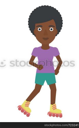 An african-american sporty woman on the roller-skates vector flat design illustration isolated on white background.. Sporty woman on roller-skates.