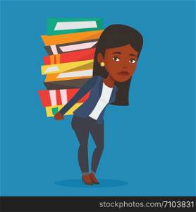 An african-american student carrying a heavy pile of books on her back. Student walking with huge stack of books. Student preparing for exam with books. Vector flat design illustration. Square layout.. Student with pile of books vector illustration.