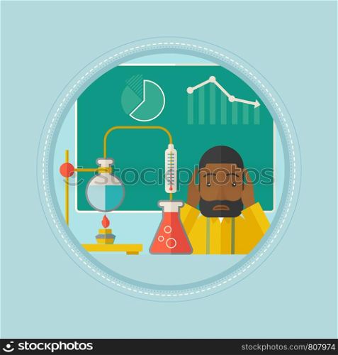 An african-american student carrying out experiment in chemistry class. Sad student working at chemistry class and clutching head. Vector flat design illustration in the circle isolated on background.. Student working at laboratory class.