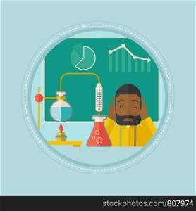 An african-american student carrying out experiment in chemistry class. Sad student working at chemistry class and clutching head. Vector flat design illustration in the circle isolated on background.. Student working at laboratory class.