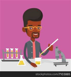 An african-american student carrying out laboratory experiment. Student working with microscope at laboratory class. Student experimenting in laboratory. Vector flat design illustration. Square layout. Student working at laboratory class.