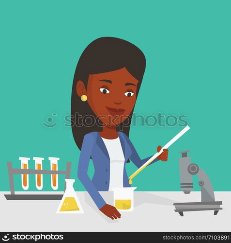 An african-american student carrying out laboratory experiment. Student working with microscope at laboratory class. Student experimenting in laboratory. Vector flat design illustration. Square layout. Student working at laboratory class.