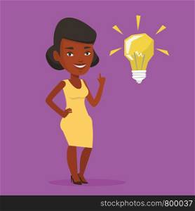 An african-american student pointing her finger up at the idea bulb. Young excited female student with bright idea bulb. Student having a great idea. Vector flat design illustration. Square layout.. Student pointing at idea bulb vector illustration