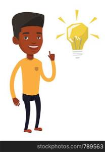 An african-american student pointing his finger up at the idea bulb. Excited student with bright idea bulb. Student having a great idea. Vector flat design illustration isolated on white background.. Student pointing at light bulb vector illustration