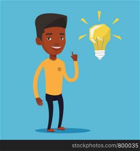 An african-american student pointing his finger up at the idea bulb. Young excited male student with bright idea bulb. Student having a great idea. Vector flat design illustration. Square layout.. Student pointing at light bulb vector illustration