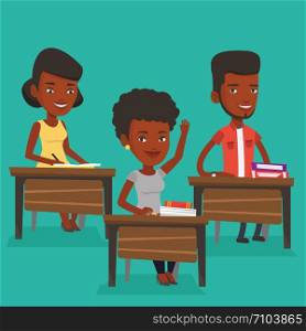 An african-american student raising hand in the classroom for an answer. Student sitting at the desk with raised hand. Girl raising her hand at lesson. Vector flat design illustration. Square layout.. Student raising hand in class for an answer.