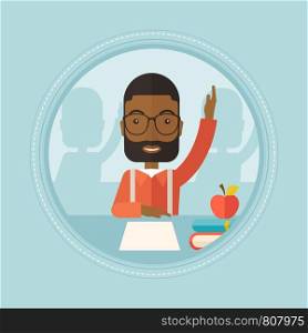 An african-american student raising hand in the classroom for an answer. Smart student sitting at the table with raised hand. Vector flat design illustration in the circle isolated on background.. Student raising hand in class for an answer.