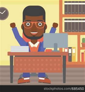 An african-american successful businessman celebrating with arms up while sitting at the table in office. Successful business concept. Vector flat design illustration. Square layout.. Successful businessman vector illustration.