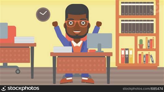 An african-american successful businessman celebrating with arms up while sitting at the table in office. Successful business concept. Vector flat design illustration. Horizontal layout.. Successful businessman vector illustration.