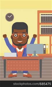 An african-american successful businessman celebrating with arms up while sitting at the table in office. Successful business concept. Vector flat design illustration. Vertical layout.. Successful businessman vector illustration.