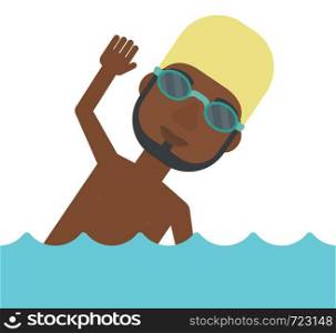 An african-american swimmer wearing cap and glasses training in water vector flat design illustration isolated on white background.. Swimmer training in pool.