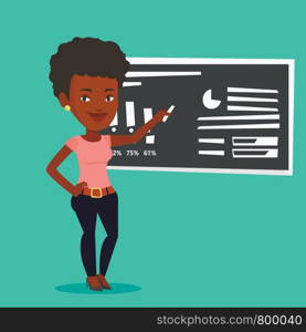 An african-american teacher standing in classroom. Teacher standing in front of blackboard with a piece of chalk in hand. Teacher writing on chalkboard. Vector flat design illustration. Square layout.. Woman writing on a chalkboard vector illustration.