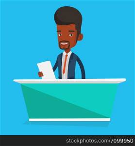 An african-american television anchorman at studio during live broadcasting. Television anchorman working at studio. Tv anchorman reporting the news. Vector flat design illustration. Square layout.. Television anchorman at studio vector illustration