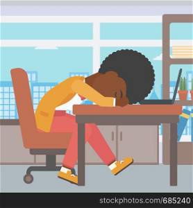 An african-american tired business woman sleeping on laptop keyboard in the office. Young business woman resting at workplace. Vector flat design illustration. Square layout.. Woman sleeping on workplace.