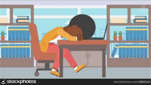 An african-american tired business woman sleeping on laptop keyboard in the office. Young business woman resting at workplace. Vector flat design illustration. Horizontal layout.. Woman sleeping on workplace.