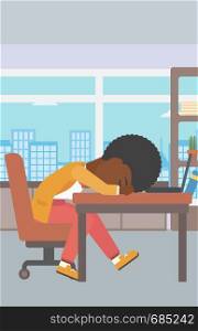 An african-american tired business woman sleeping on laptop keyboard in the office. Young business woman resting at workplace. Vector flat design illustration. Vertical layout.. Woman sleeping on workplace.
