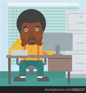 An african-american tired businessman sitting at workplace in front of computer monitor and clutching his head. Vector flat design illustration. Square layout.. Tired man sitting in office vector illustration.