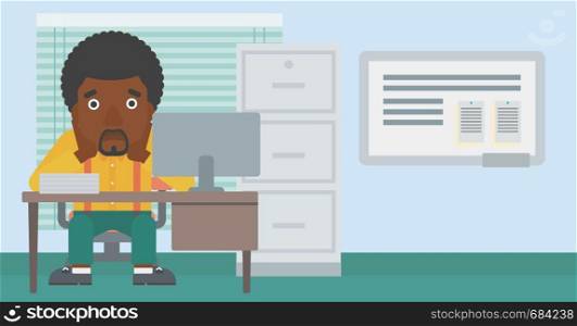 An african-american tired businessman sitting at workplace in front of computer monitor and clutching his head. Vector flat design illustration. Horizontal layout.. Tired man sitting in office vector illustration.
