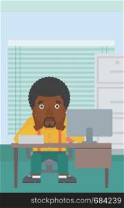 An african-american tired businessman sitting at workplace in front of computer monitor and clutching his head. Vector flat design illustration. Vertical layout.. Tired man sitting in office vector illustration.