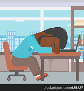 An african-american tired businessman sleeping on laptop keyboard in the office. Businessman resting at workplace. Vector flat design illustration. Square layout.. Businessman sleeping on workplace.