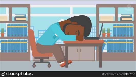 An african-american tired businessman sleeping on laptop keyboard in the office. Businessman resting at workplace. Vector flat design illustration. Horizontal layout.. Businessman sleeping on workplace.