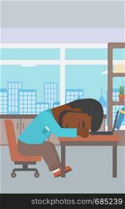 An african-american tired businessman sleeping on laptop keyboard in the office. Businessman resting at workplace. Vector flat design illustration. Vertical layout.. Businessman sleeping on workplace.