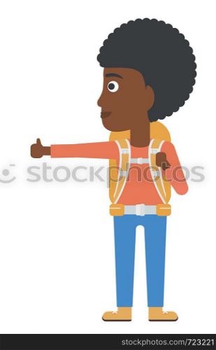 An african-american traveler hitchhiking trying to stop a car vector flat design illustration isolated on white background.. Young woman hitchhiking.