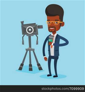 An african-american TV reporter with microphone standing on the background with camera. TV reporter presenting the news. TV transmission with reporter. Vector flat design illustration. Square layout.. TV reporter with microphone and camera.