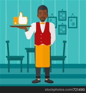An african-american waiter carrying a tray with like button on a cafe background vector flat design illustration. Square layout.. Waiter with like button.