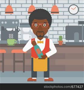 An african-american waiter holding a bottle in hands on the background of a cafe vector flat design illustration. Square layout. . Waiter holding bottle of wine.