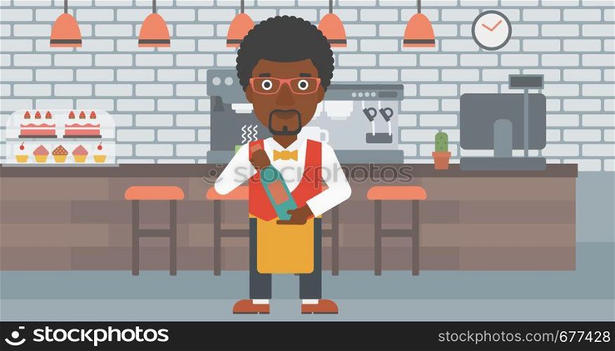 An african-american waiter holding a bottle in hands on the background of a cafe vector flat design illustration. Horizontal layout. . Waiter holding bottle of wine.