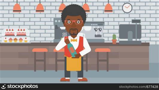 An african-american waiter holding a bottle in hands on the background of a cafe vector flat design illustration. Horizontal layout. . Waiter holding bottle of wine.