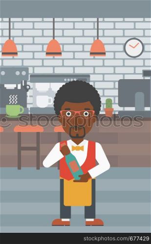 An african-american waiter holding a bottle in hands on the background of a cafe vector flat design illustration. Vertical layout. . Waiter holding bottle of wine.