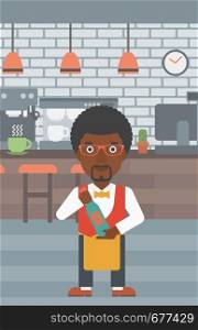An african-american waiter holding a bottle in hands on the background of a cafe vector flat design illustration. Vertical layout. . Waiter holding bottle of wine.