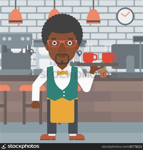 An african-american waiter holding a tray with cups of tea or coffee at the bar vector flat design illustration. Square layout.. Waiter holding tray with beverages.