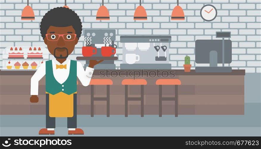 An african-american waiter holding a tray with cups of tea or coffee at the bar vector flat design illustration. Horizontal layout.. Waiter holding tray with beverages.