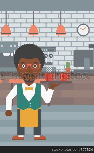 An african-american waiter holding a tray with cups of tea or coffee at the bar vector flat design illustration. Vertical layout.. Waiter holding tray with beverages.
