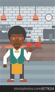 An african-american waiter holding a tray with cups of tea or coffee at the bar vector flat design illustration. Vertical layout.. Waiter holding tray with beverages.