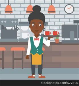 An african-american waiteress holding a tray with cups of tea or coffee at the bar vector flat design illustration. Square layout.. Waiteress holding tray with beverages.