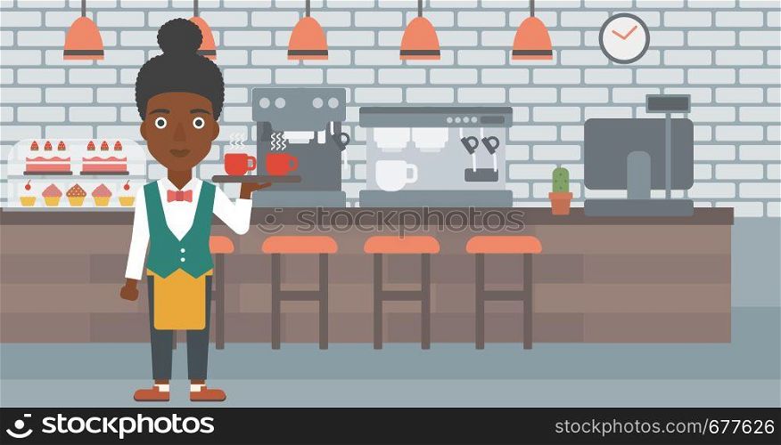 An african-american waiteress holding a tray with cups of tea or coffee at the bar vector flat design illustration. Horizontal layout.. Waiteress holding tray with beverages.