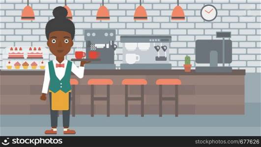 An african-american waiteress holding a tray with cups of tea or coffee at the bar vector flat design illustration. Horizontal layout.. Waiteress holding tray with beverages.