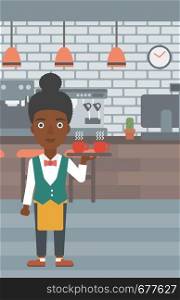An african-american waiteress holding a tray with cups of tea or coffee at the bar vector flat design illustration. Vertical layout.. Waiteress holding tray with beverages.
