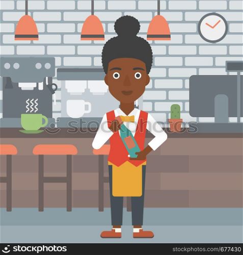 An african-american waitress holding a bottle in hands on the background of a cafe vector flat design illustration. Square layout. . Waitress holding bottle of wine.
