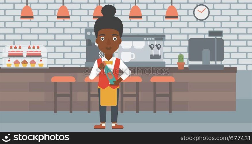 An african-american waitress holding a bottle in hands on the background of a cafe vector flat design illustration. Horizontal layout. . Waitress holding bottle of wine.