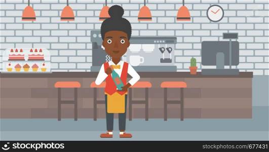 An african-american waitress holding a bottle in hands on the background of a cafe vector flat design illustration. Horizontal layout. . Waitress holding bottle of wine.