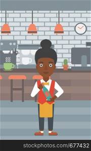 An african-american waitress holding a bottle in hands on the background of a cafe vector flat design illustration. Vertical layout. . Waitress holding bottle of wine.